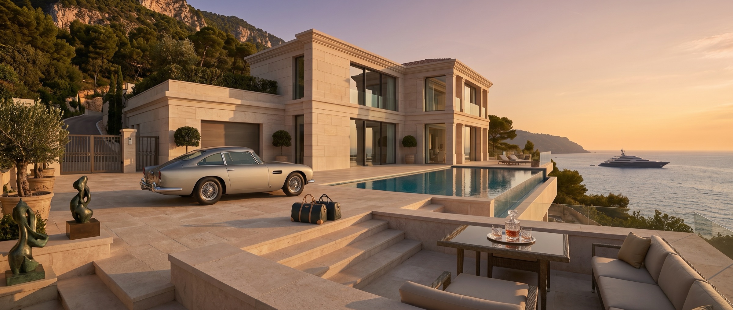 Clifftop villa above the sea at sunset with a classic car on the terrace