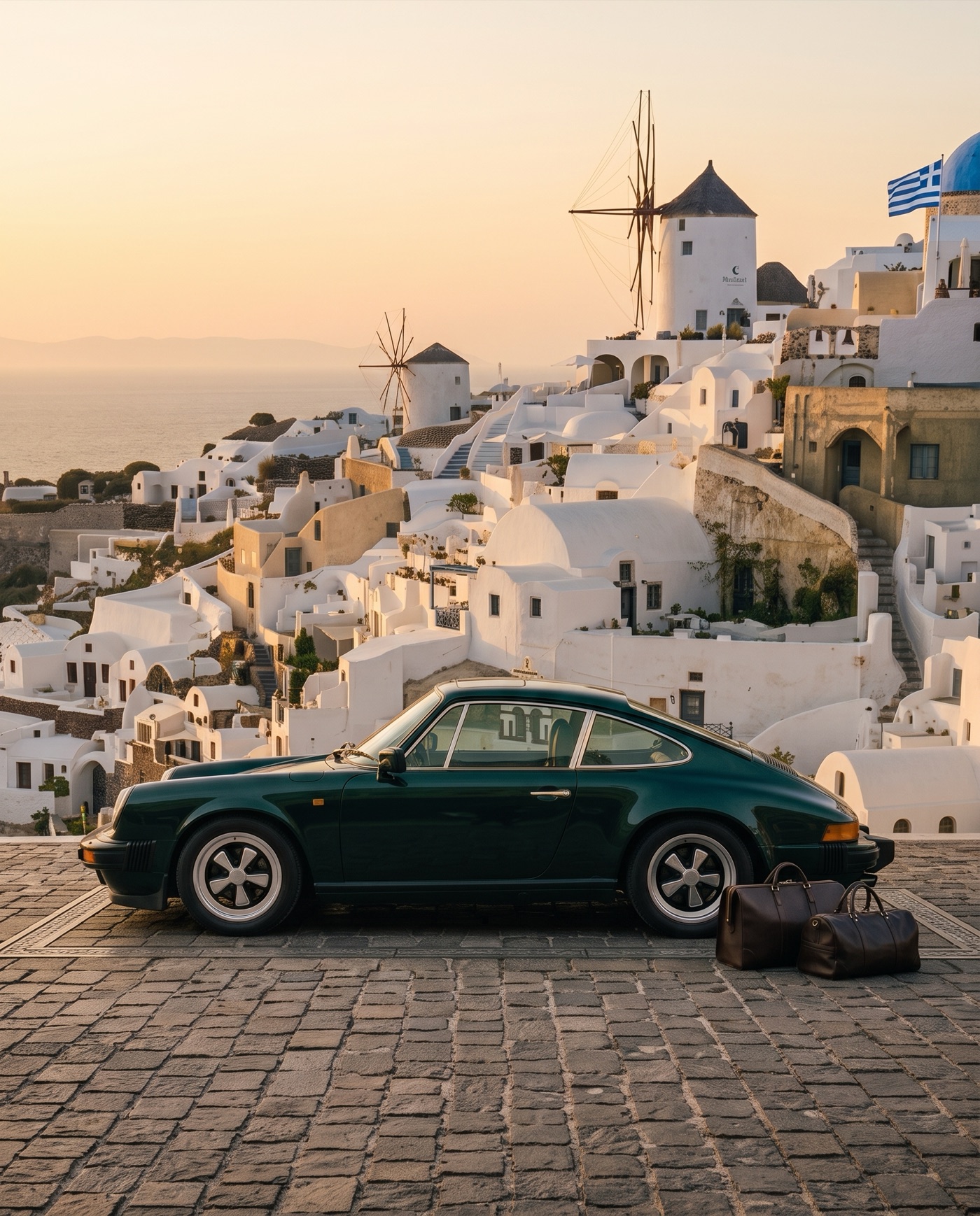 A dark green vintage coupe parked above a whitewashed hillside village at sunset